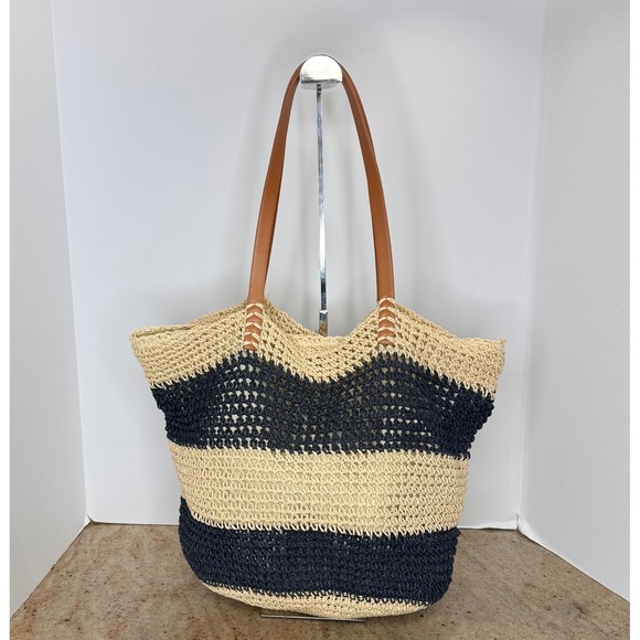 Forever 21 Handbags - Forever 21‎ Straw Tote Bag Womens Navy Cream Striped Woven Beach Summer Coastal